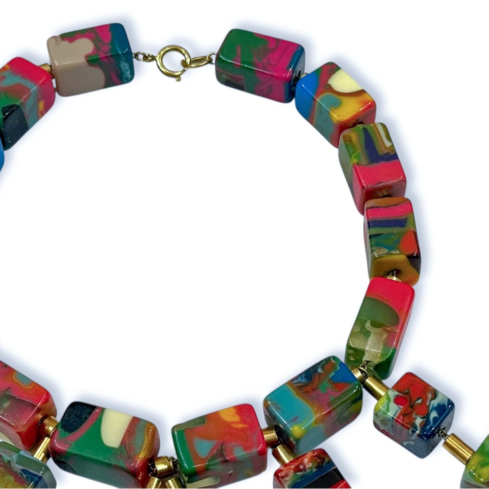 Unique Resin Necklace Beaded with Colorful Square Cube Chunks - Picture 4 of 16